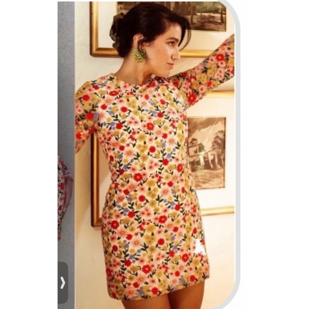 Antonio Melani Nat Note Floral Embroidered Mini Dress Sheer Sleeve Sz 6/S *
